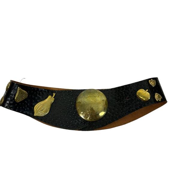Vintage Rare 70s Black Leather Brass Fruit Applique Waist Belt M main image 6